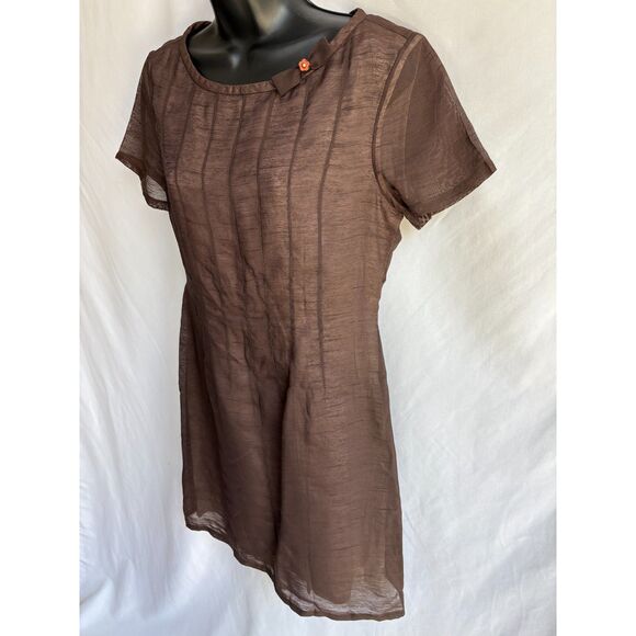 Vintage Key Wear Brown Mini Dress Size L Retro Bow Detail Earthy Feminine - Picture 4 of 11